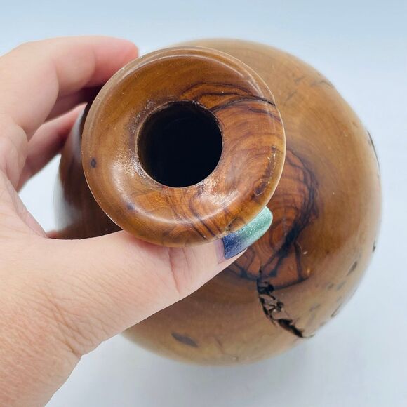 Burled Wood Decor Hand Crafted Knot Turned Artisan Vase Olive Mid-Century MCM - Picture 5 of 10